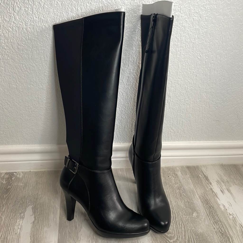 Nib Alfani Vennus Black Faux Leather Fabric Stiletto Heel Calf High Boots